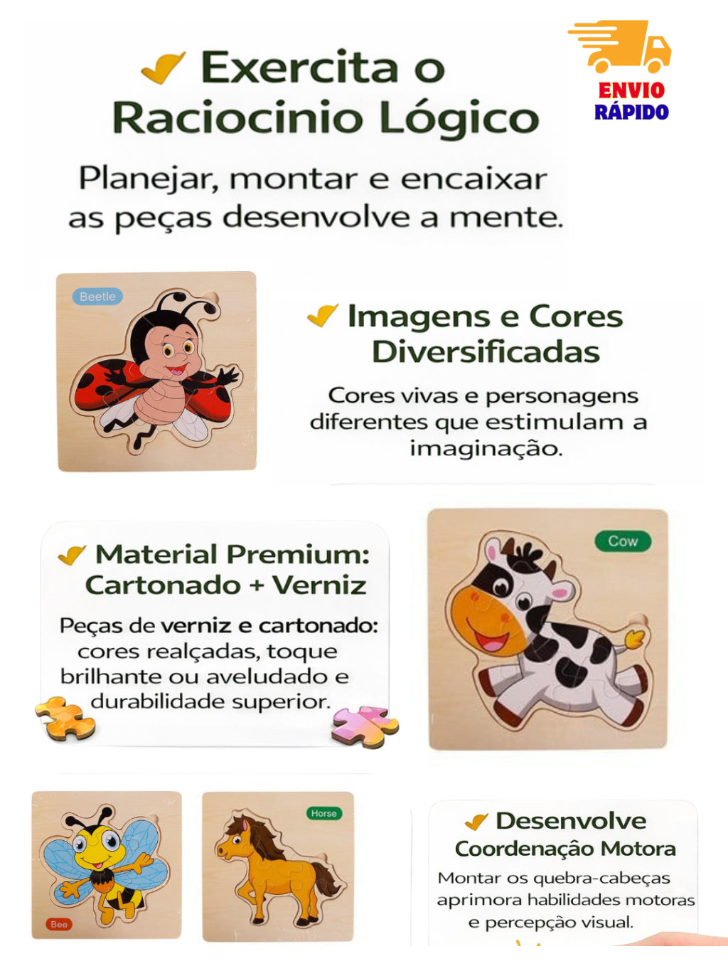 Kit 5/3/7 Quebra-Cabeças 3D Animais Sortidos – Jogo Educativo Infantil em MDF Meninos e Meninas