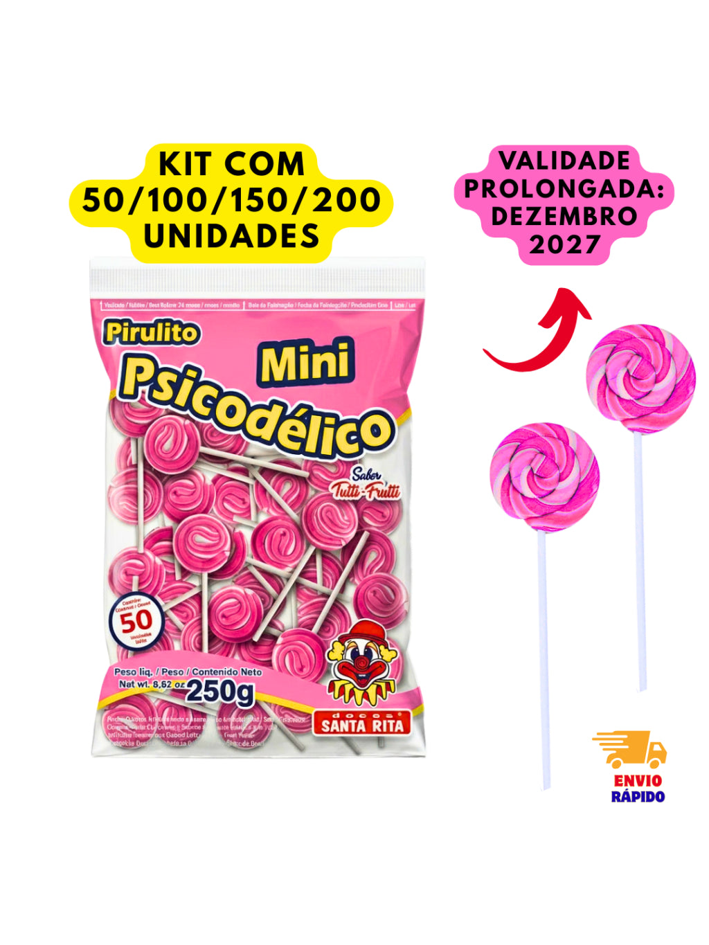 Pirulito Mini Psicodélico Rosa 250g Aprox 50 Unidades Tutti-Frutti Lembrancinha Festa Infantil Kit 50 100 150 200