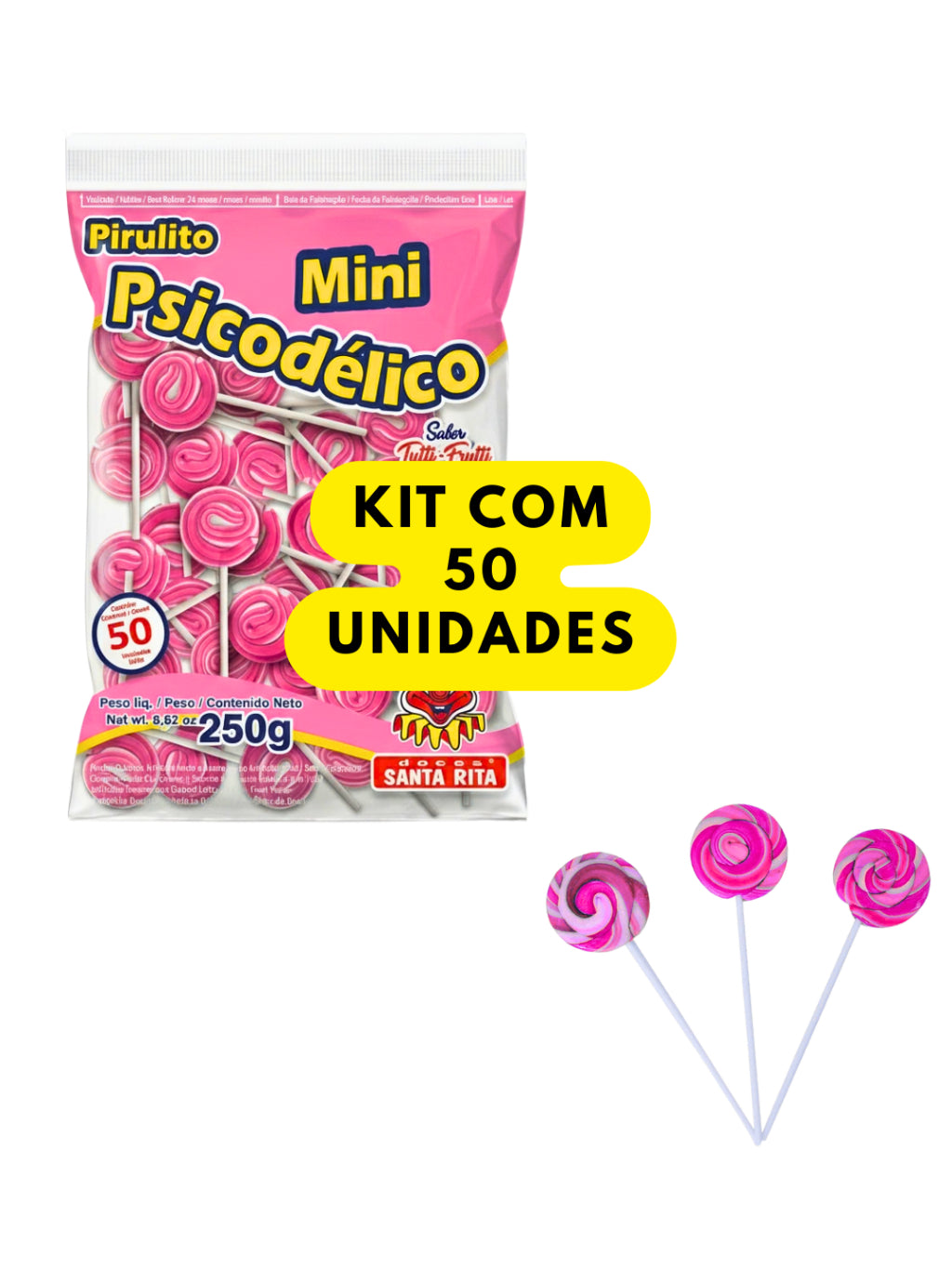 Pirulito Mini Psicodélico Rosa 250g Aprox 50 Unidades Tutti-Frutti Lembrancinha Festa Infantil Kit 50 100 150 200