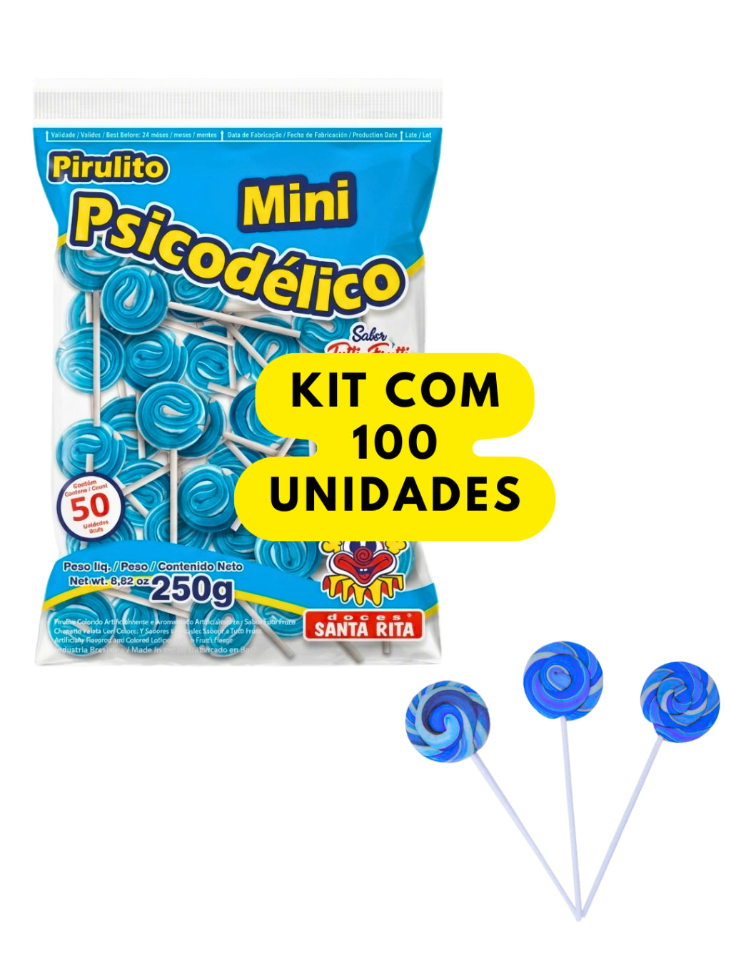 Pirulito Mini Psicodélico Azul 250g Aprox 50un Santa Rita | Lembrancinha Chá Revelação