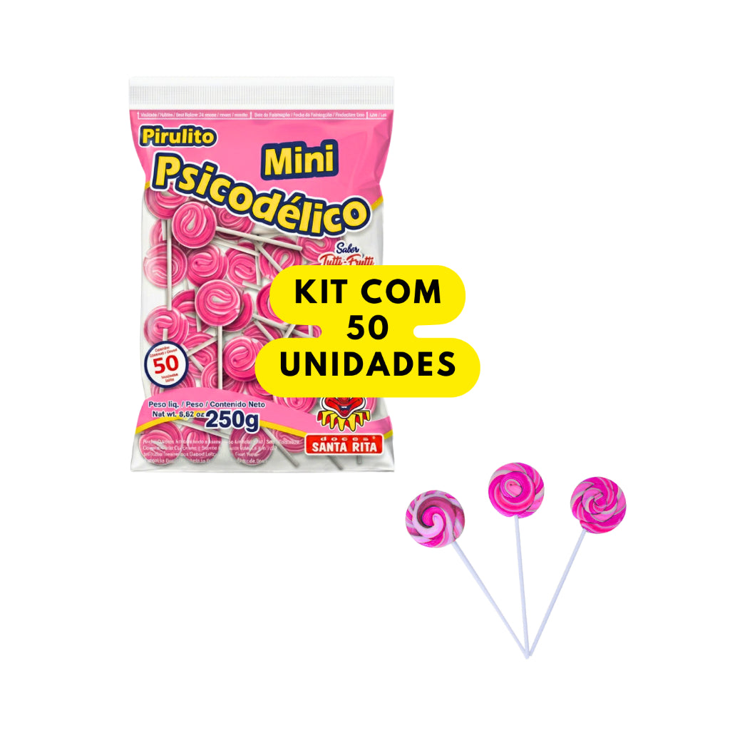 Pirulito Mini Psicodélico Rosa 250g Aprox 50 Unidades Tutti-Frutti Lembrancinha Festa Infantil Kit 50 100 150 200
