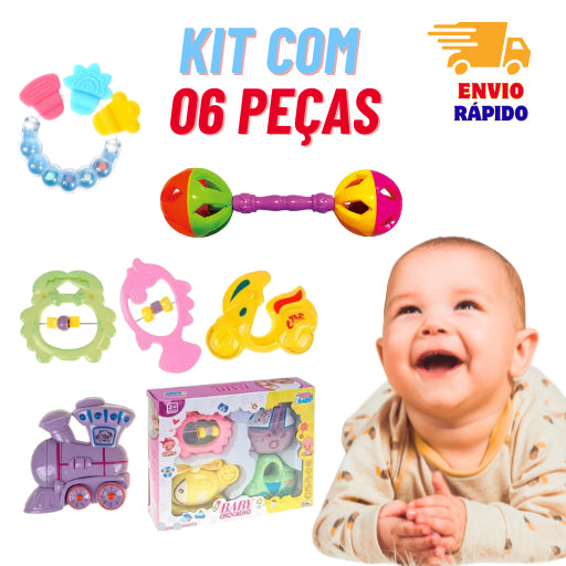 Kit 6 peças Mordedor para Bebe Sensorial Macio com Chocalho Mordedor Silicone Baby Seguro