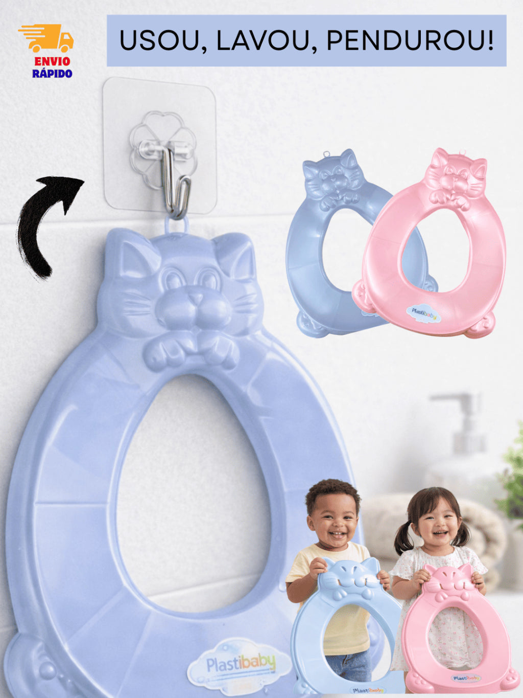 Kit Redutor de Assento Infantil para Vaso Sanitário + Gancho Adesivo Parede Transparente