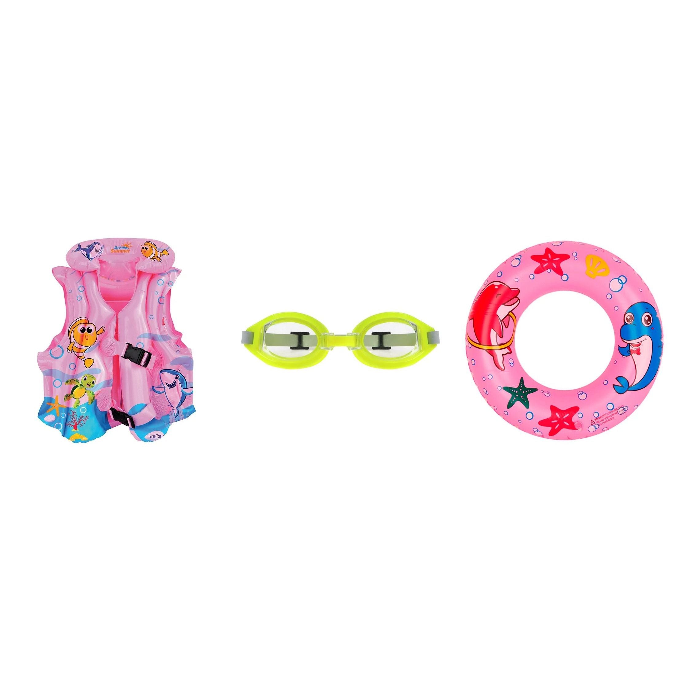 Kit Verão Infantil Piscina Praia – Colete Inflável + Boia Circular 44cm + Óculos de Natação