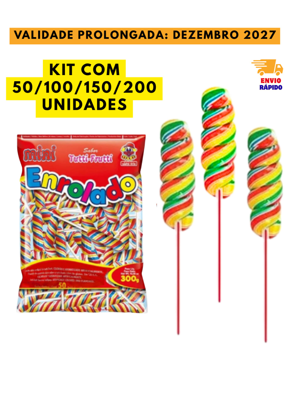 Pirulito Mini Enrolado Tutti-Frutti Aprox 50 Unidades 300g | Festa, Lembrancinha e Doces Infantis