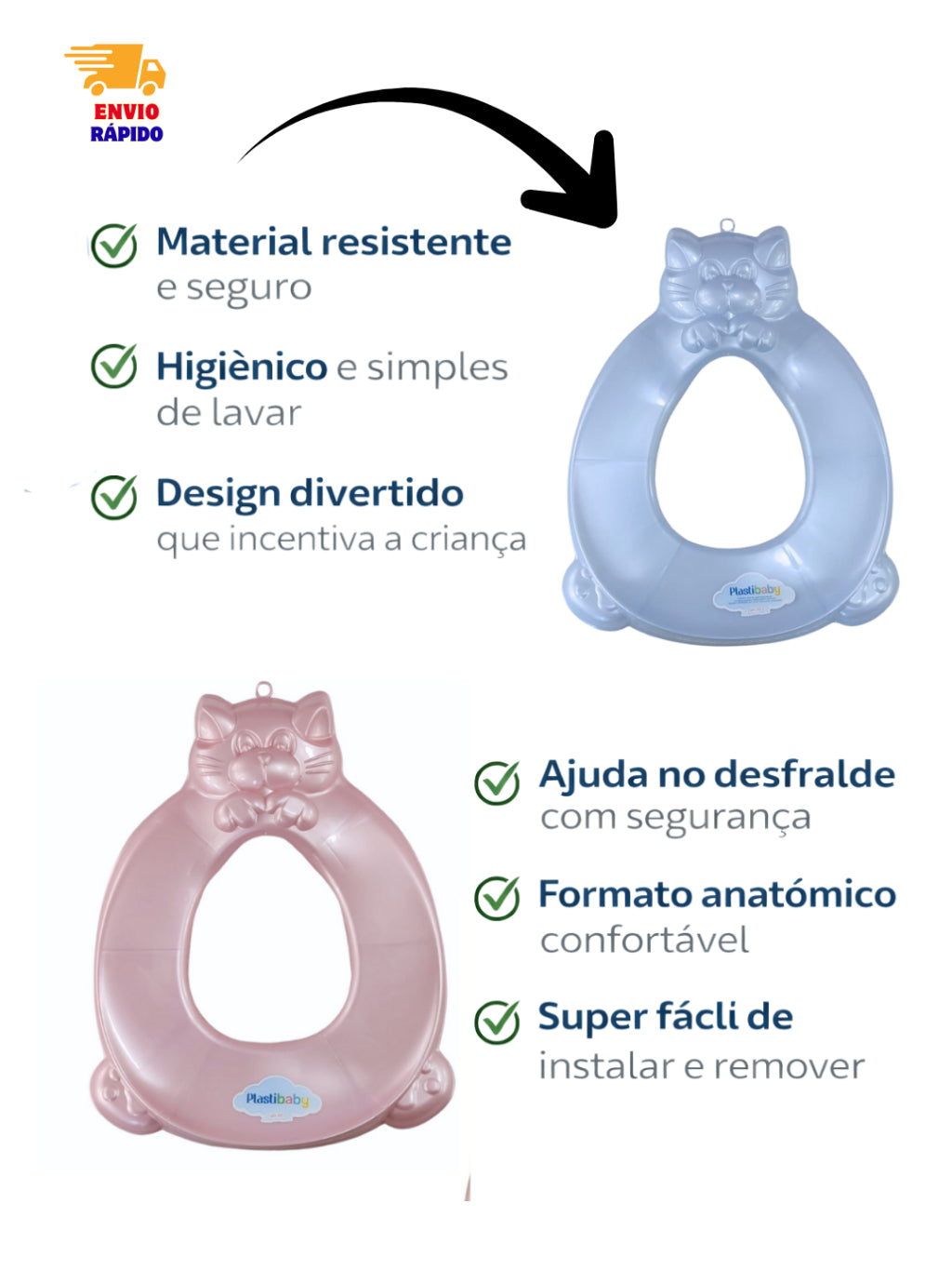 Kit Redutor de Assento Infantil para Vaso Sanitário + Gancho Adesivo Parede Transparente