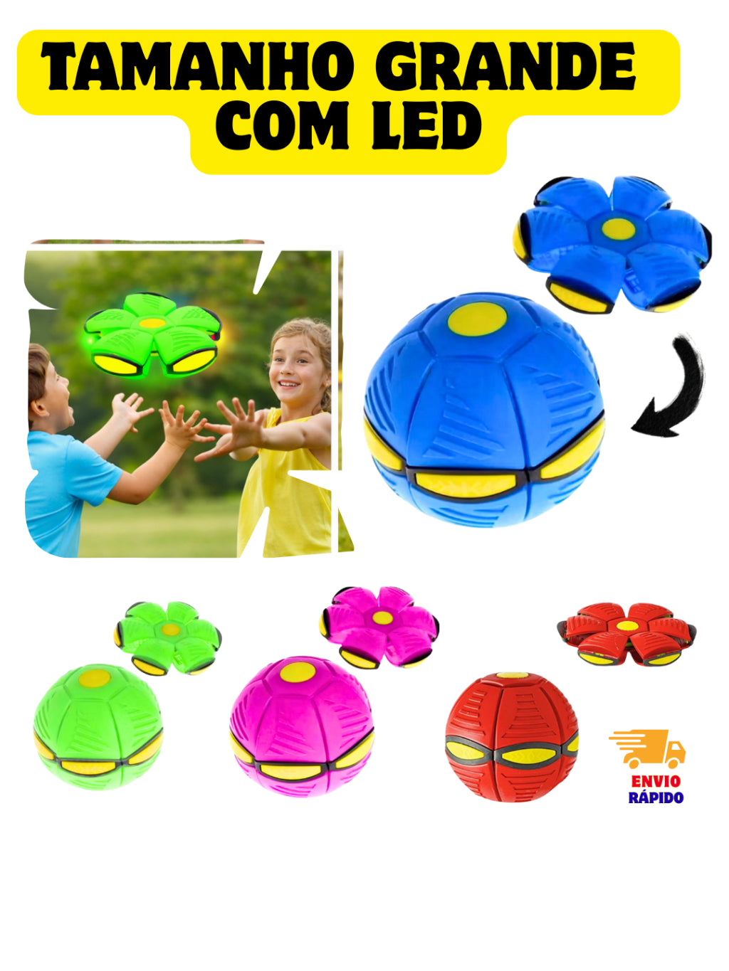 Bola Mágica Voadora com LED 2 em 1 | Bola Maluca que Vira Disco | Brinquedo Infantil e Pet