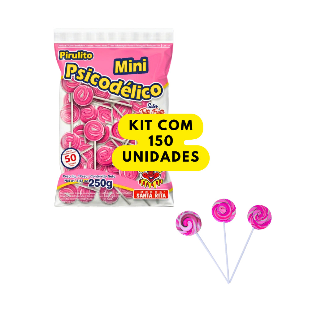 Pirulito Mini Psicodélico Rosa 250g Aprox 50 Unidades Tutti-Frutti Lembrancinha Festa Infantil Kit 50 100 150 200