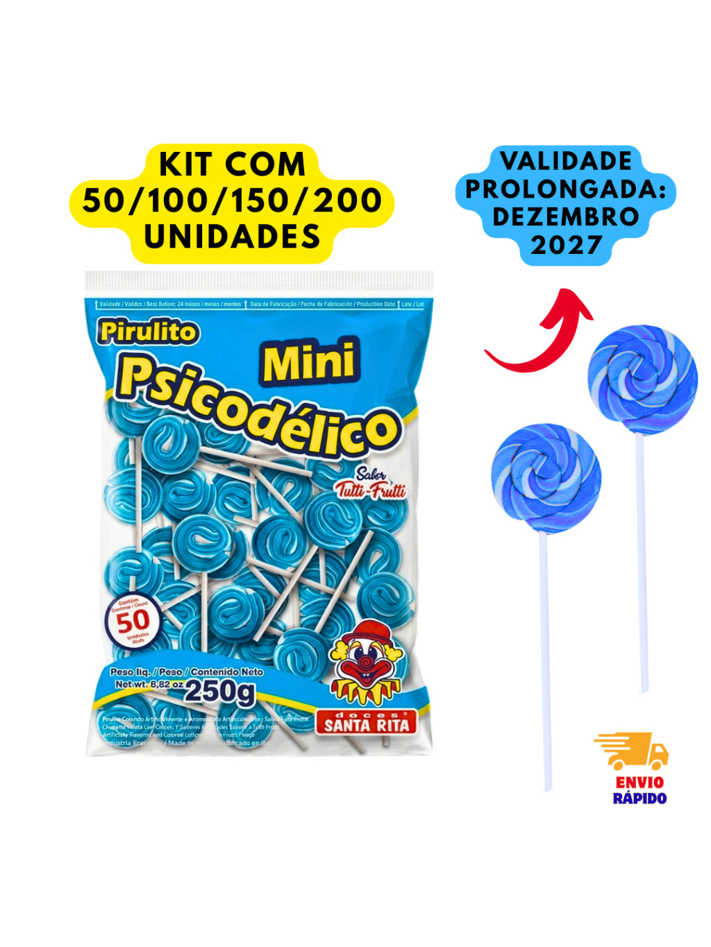 Pirulito Mini Psicodélico Azul 250g Aprox 50un Santa Rita | Lembrancinha Chá Revelação