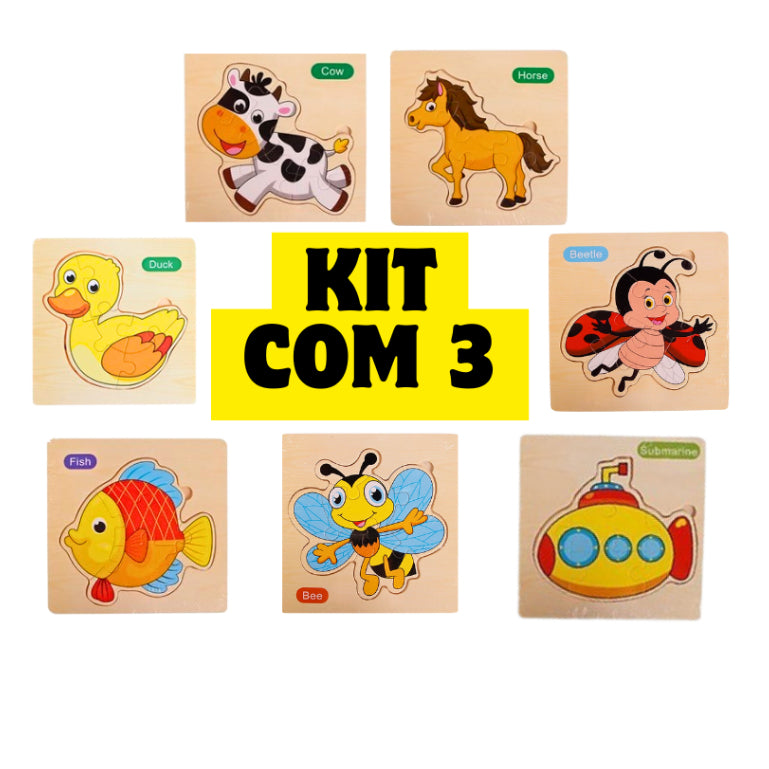 Kit 5/3/7 Quebra-Cabeças 3D Animais Sortidos – Jogo Educativo Infantil em MDF Meninos e Meninas