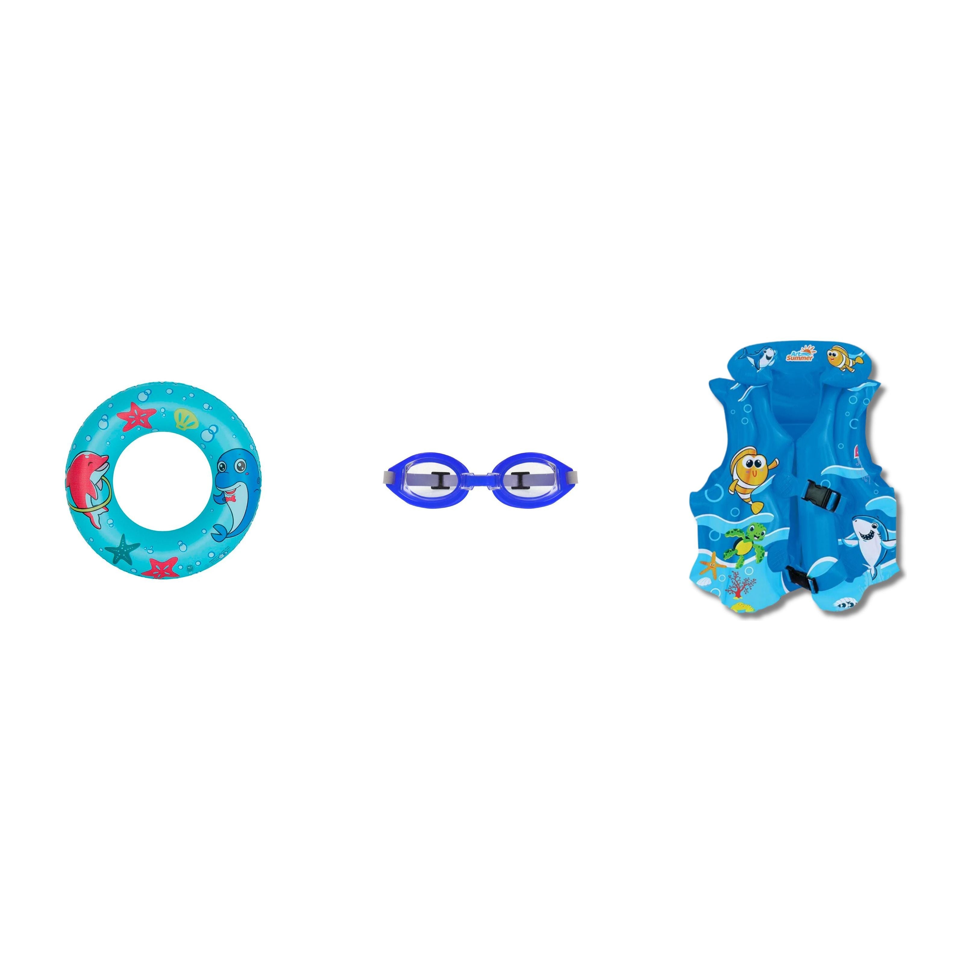 Kit Verão Infantil Piscina Praia – Colete Inflável + Boia Circular 44cm + Óculos de Natação