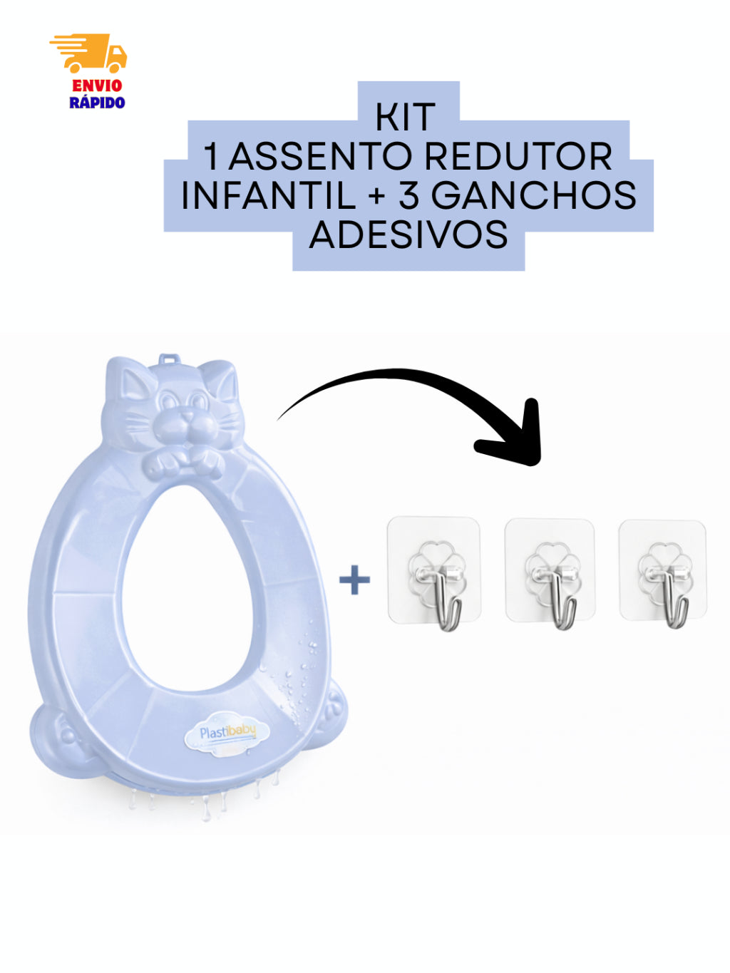 Kit Redutor de Assento Infantil para Vaso Sanitário + Gancho Adesivo Parede Transparente