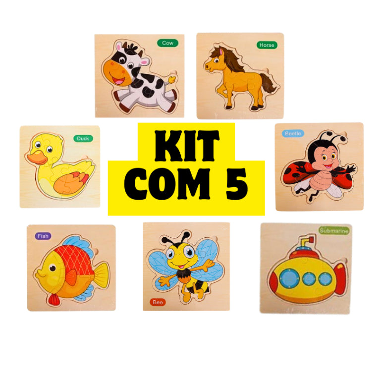 Kit 5/3/7 Quebra-Cabeças 3D Animais Sortidos – Jogo Educativo Infantil em MDF Meninos e Meninas