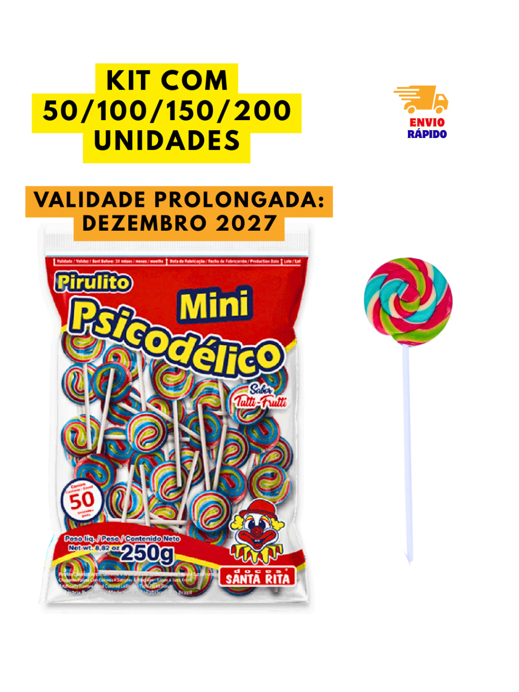 Pirulito Mini Redondo Tutti-Frutti Aprox 50 Unidades 250g | Festa, Lembrancinha e Doces Infantis