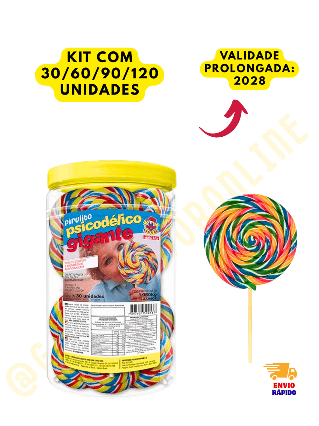 Pirulito Psicodélico Gigante Colorido Chaves 35g Pote Com 30 Unidades| Festa, Lembrancinha e Doces Infantis