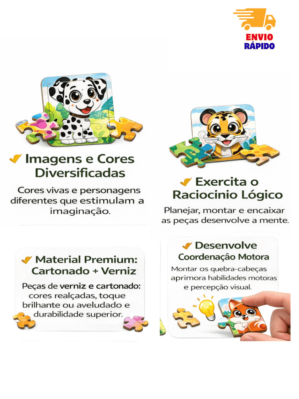 Kit 5 Quebra-Cabeças Animais Sortidos – Jogo Educativo Infantil em MDF (45 peças no total)