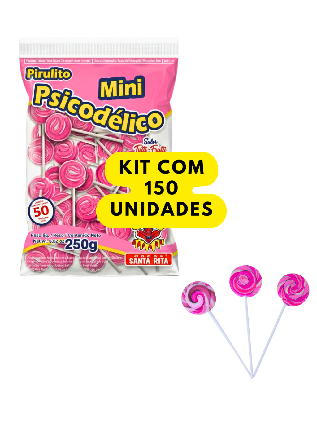 Pirulito Mini Psicodélico Rosa 250g Aprox 50 Unidades Tutti-Frutti Lembrancinha Festa Infantil Kit 50 100 150 200