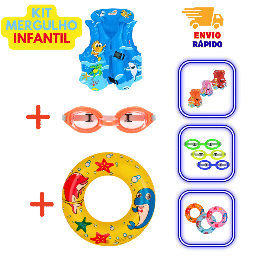 Kit Verão Infantil Piscina Praia – Colete Inflável + Boia Circular 44cm + Óculos de Natação