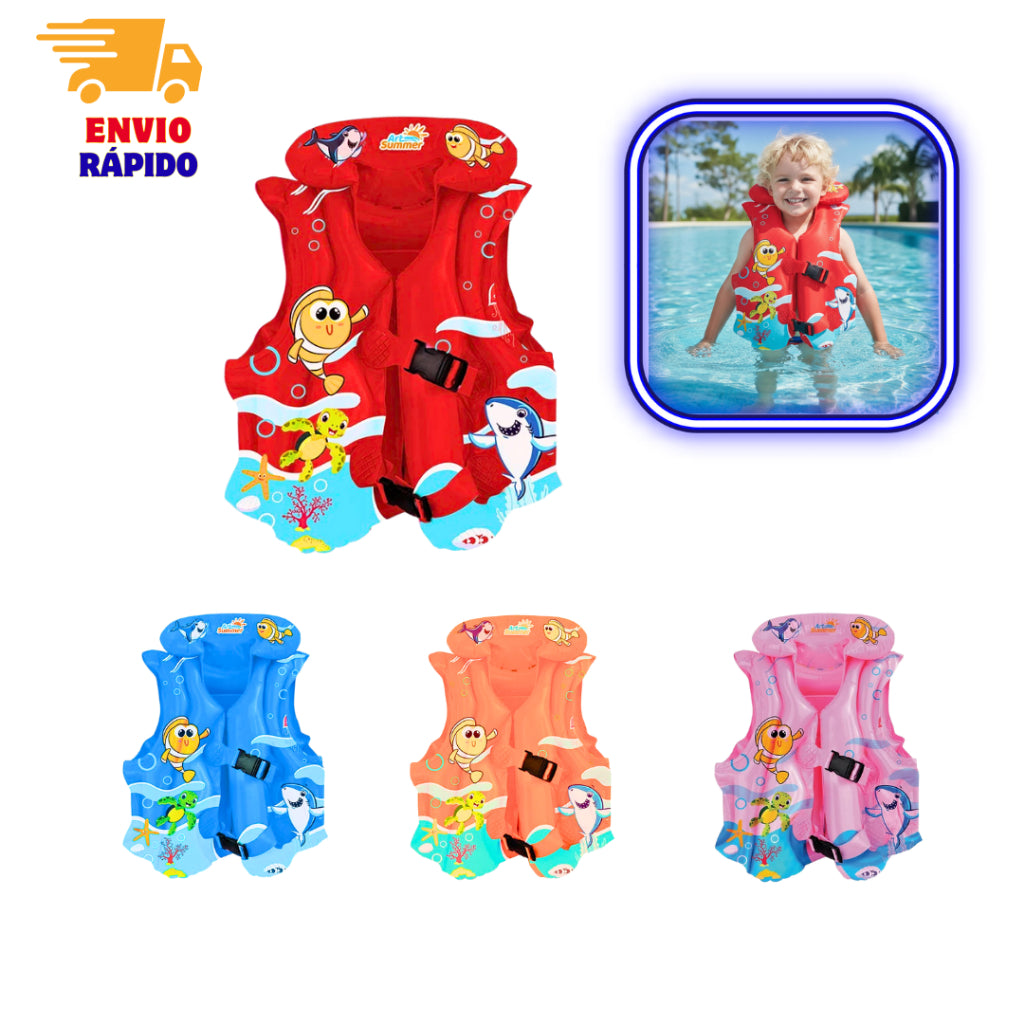 Kit Verão Infantil Piscina Praia – Colete Inflável + Boia Circular 44cm + Óculos de Natação
