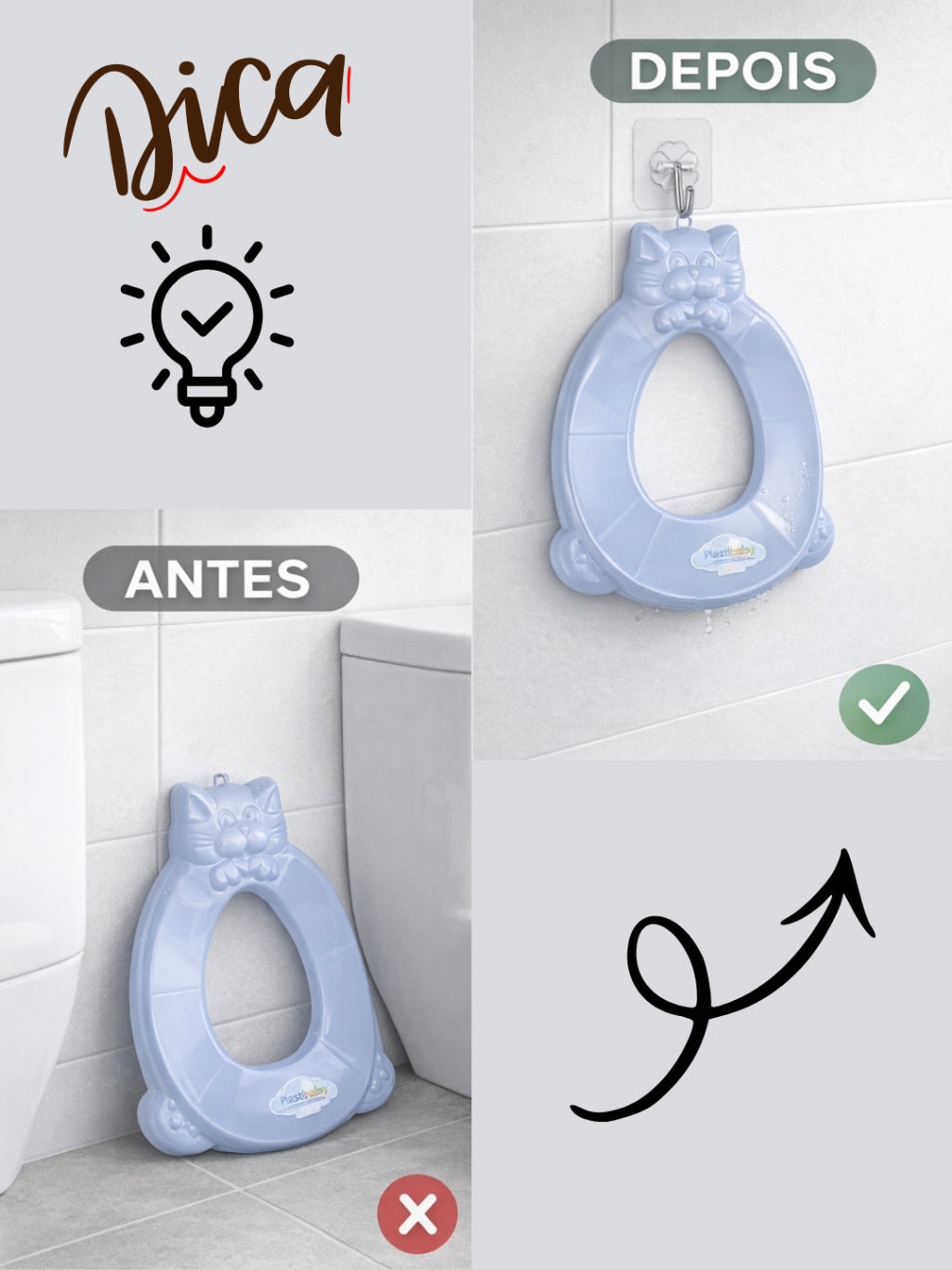 Kit Redutor de Assento Infantil para Vaso Sanitário + Gancho Adesivo Parede Transparente