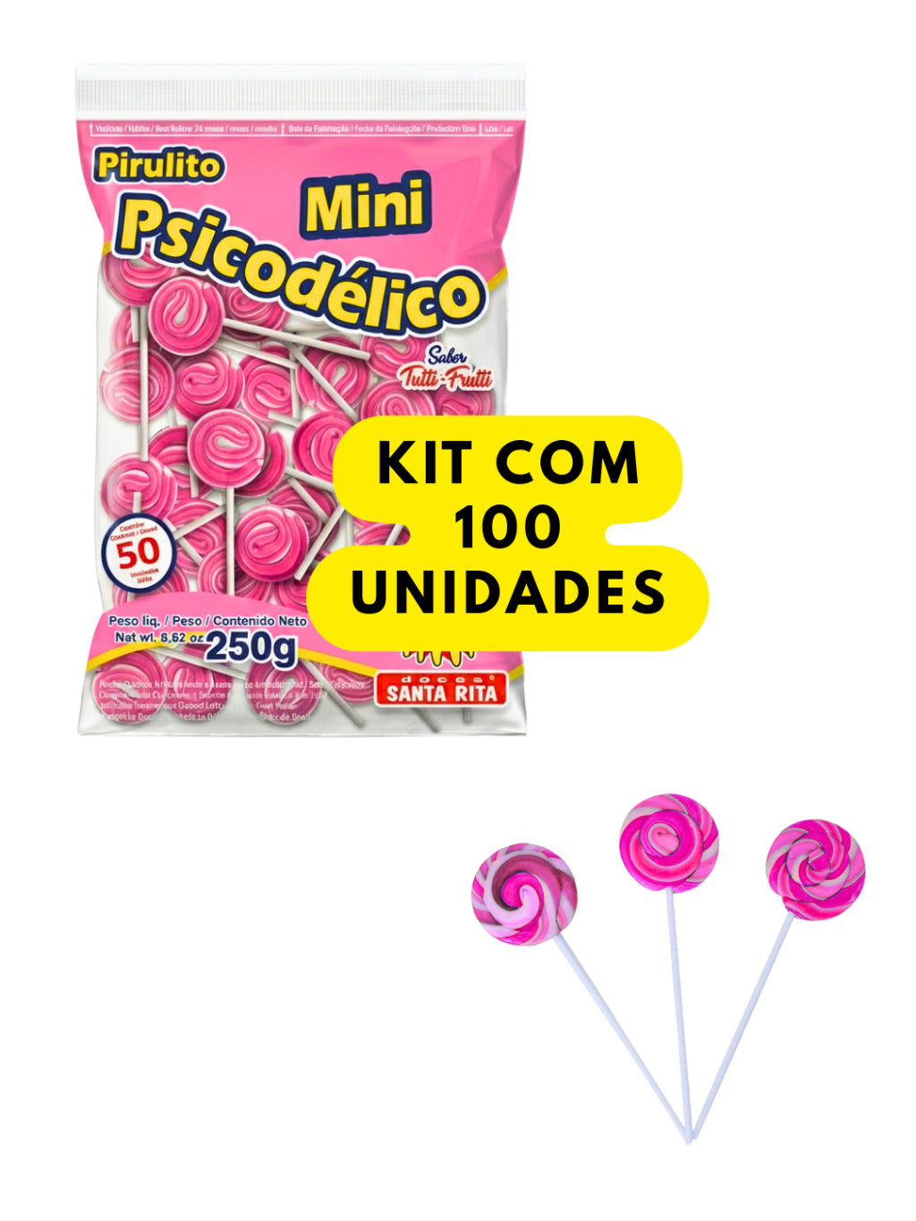 Pirulito Mini Psicodélico Rosa 250g Aprox 50 Unidades Tutti-Frutti Lembrancinha Festa Infantil Kit 50 100 150 200