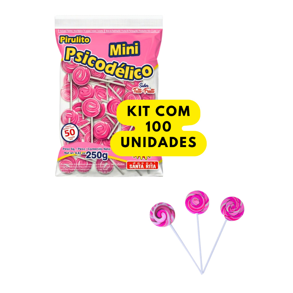 Pirulito Mini Psicodélico Rosa 250g Aprox 50 Unidades Tutti-Frutti Lembrancinha Festa Infantil Kit 50 100 150 200