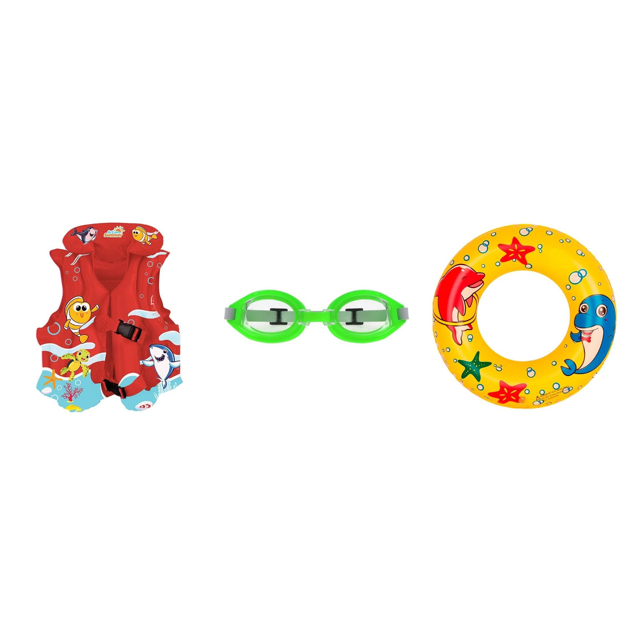 Kit Verão Infantil Piscina Praia – Colete Inflável + Boia Circular 44cm + Óculos de Natação