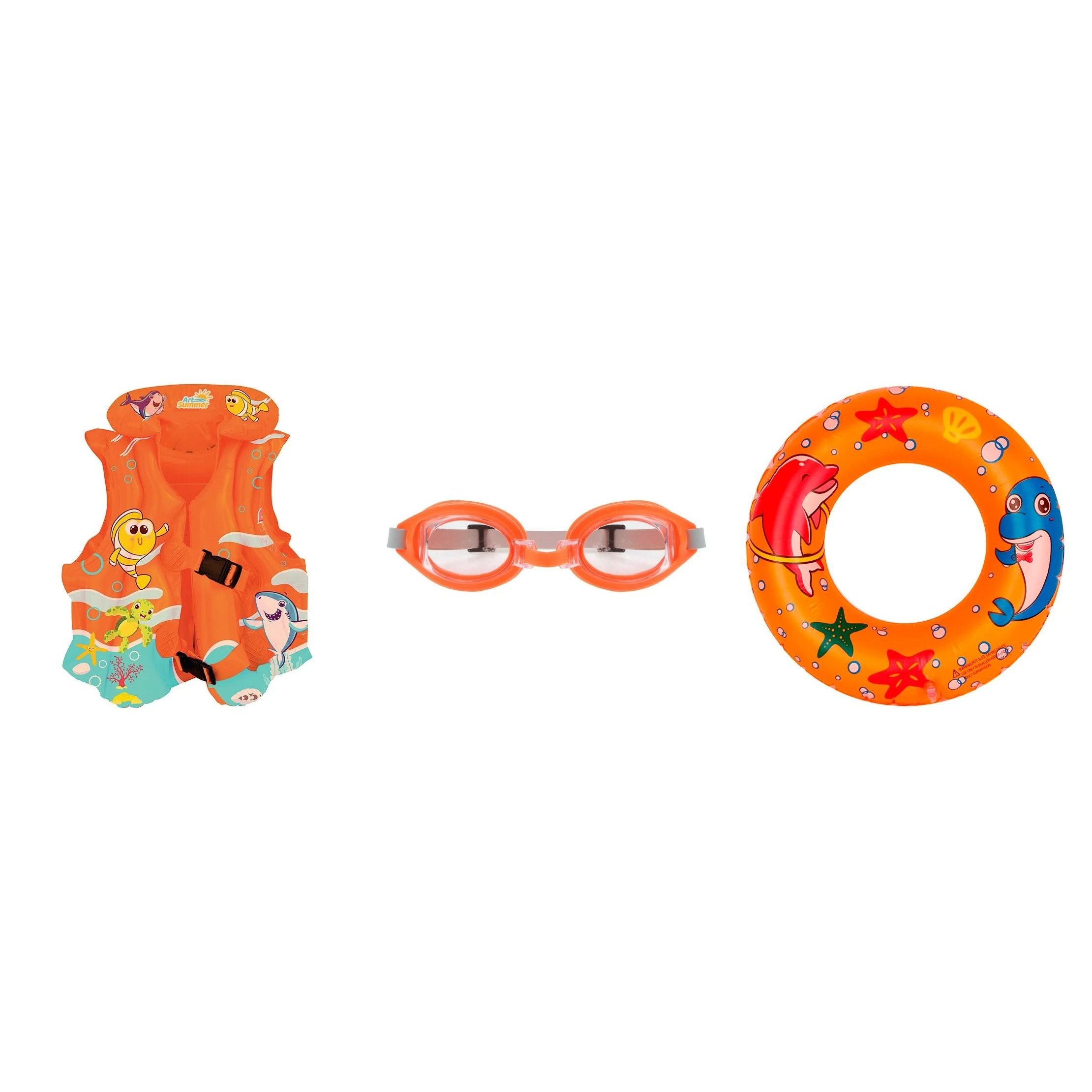 Kit Verão Infantil Piscina Praia – Colete Inflável + Boia Circular 44cm + Óculos de Natação